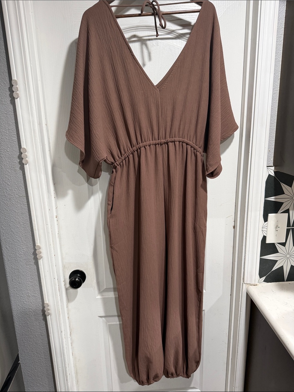 Three Bird Nest Taupe Brown V-Neck Jumpsuit - Picture 5 of 7